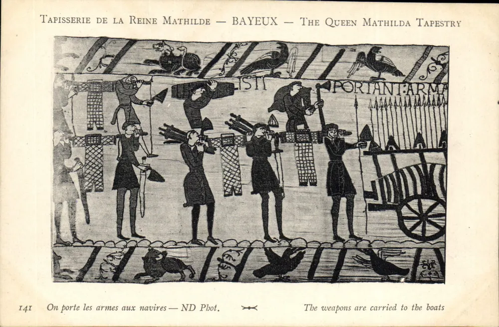 Tapisserie der Königin Mathilde — Bayeux — Szene: Waffen werden zu den Schiffen getragen - Vorderseite