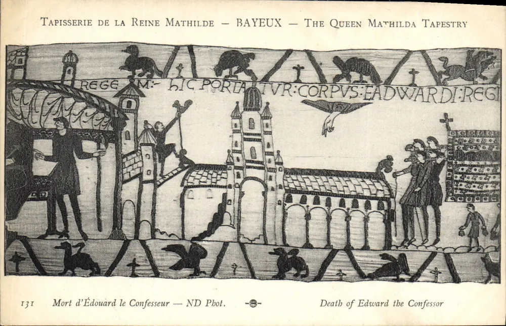 Tapisserie der Königin Mathilde — Bayeux — Szene vom Tod Edwards des Geständigen — ND Phot. - Vorderseite