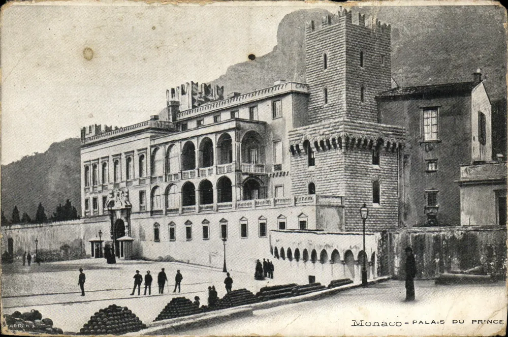 Monaco - Palácio do Príncipe — vista do edifício com torres e arcadas — editor AERCK & Cie - Frente