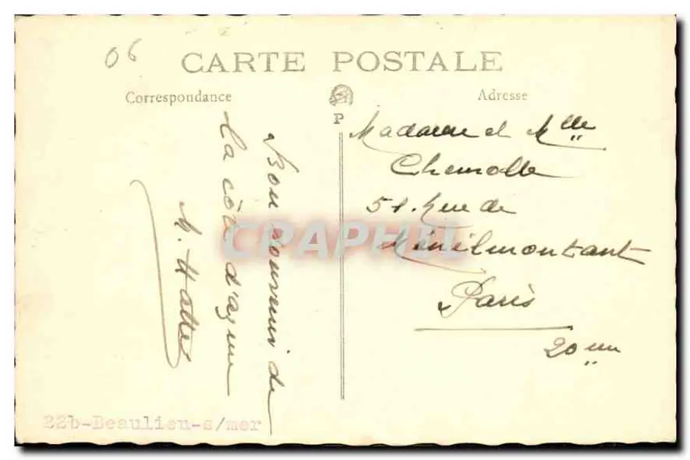 Vista de Beaulieu-sur-Mer — montanhas e mar — editor CRAPHIL, n° 06 - Verso