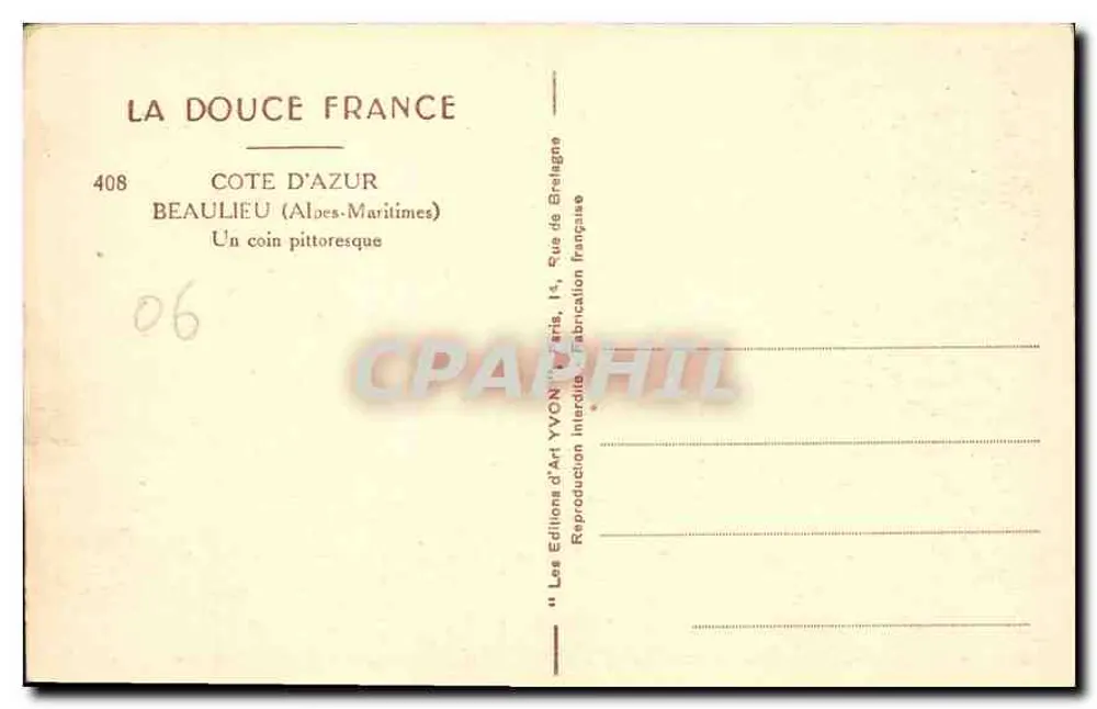 Beaulieu (Alpes-Maritimes) — Que de Breilgues — Verleger Yvon, Nr. 408 - Rückseite