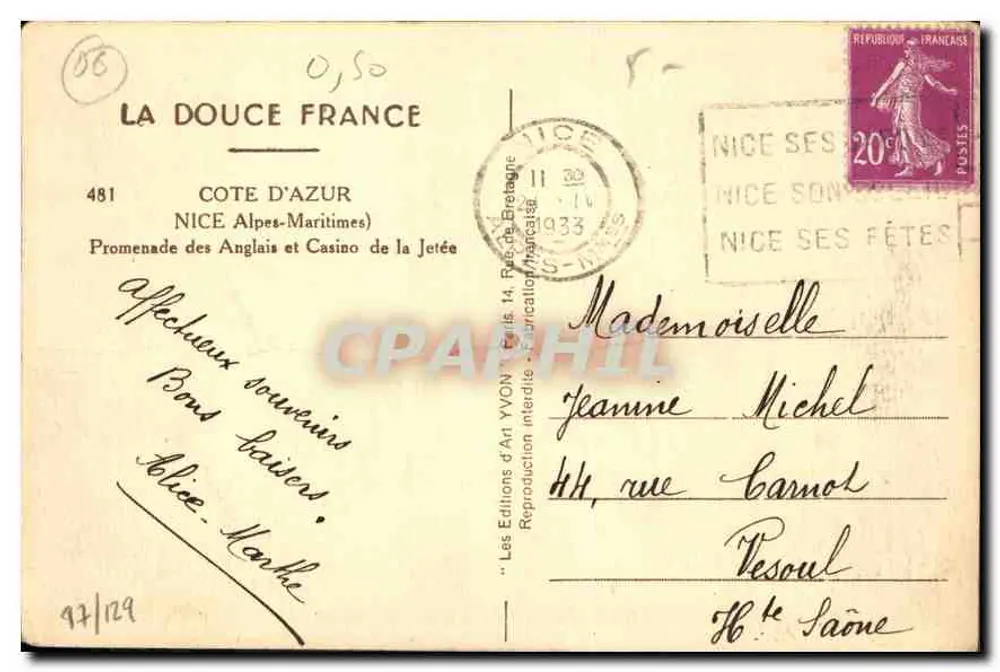 Nice — Promenade des Anglais und Casino de la Jetée — Les Éditions d'Art YVON - Rückseite