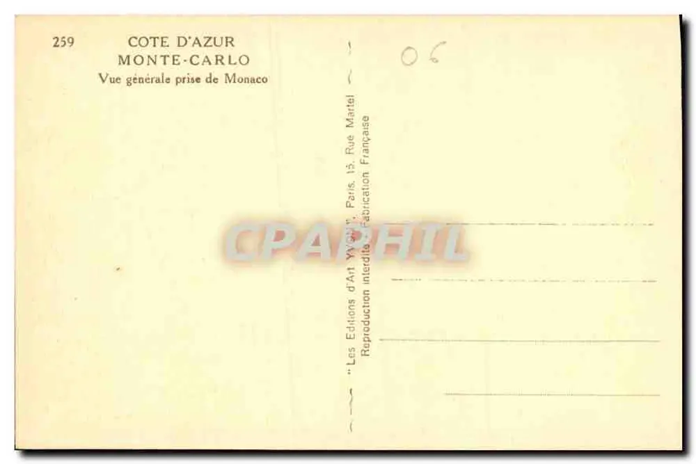 Vista geral tirada de Monte Carlo — Costa Azul — Edições de Arte Yvon, Paris - Verso