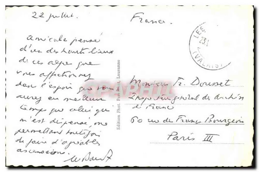 Arolla e Mt Collon — vista alpina com cruz — Edição Fot. Pardet, Lausanne, n° 11553 - Verso