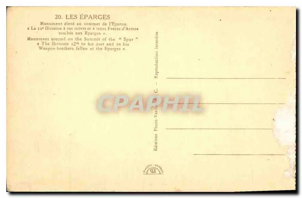 Les Éparges — Denkmal am Gipfel des Éperon für die 12. Division und ihre Kameraden — Éditions Photo Verrière, Nr. 20 - Rückseite
