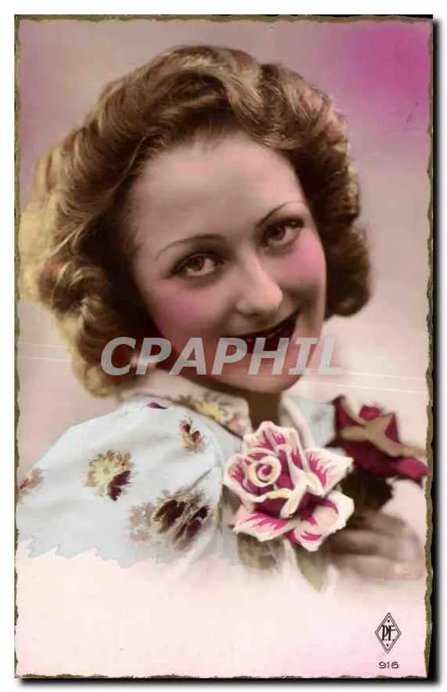 Mulher jovem sorridente — com rosa — editor P.F. n° 916 - Frente