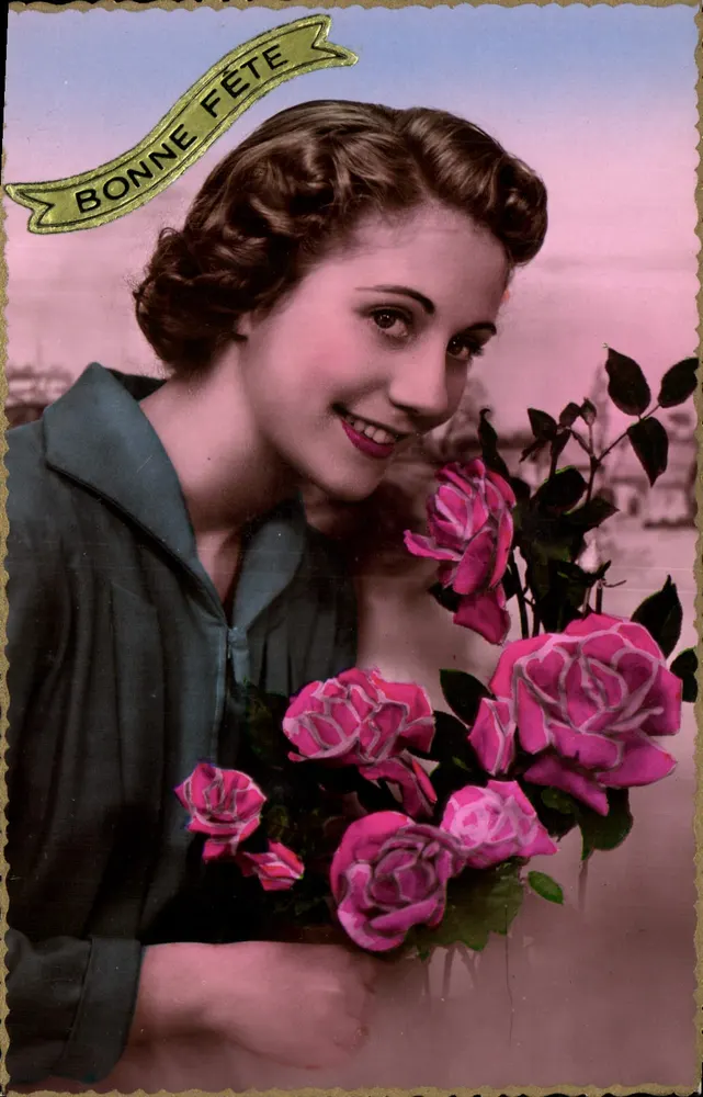 Junge Frau mit Rosen — Frohe Geburtstagskarte — Véritable Photo en France, Serie 674 - Vorderseite