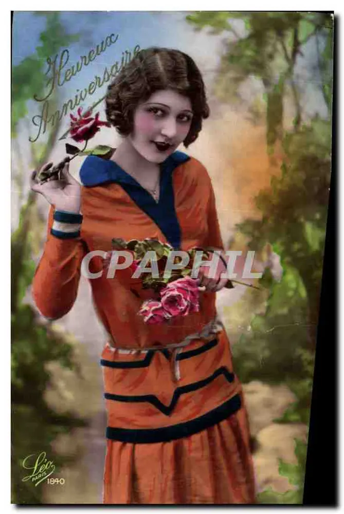 Junge Frau in orangefarbenem Kleid — mit Rosen — veröffentlicht von Léo, Paris, 1940 - Vorderseite