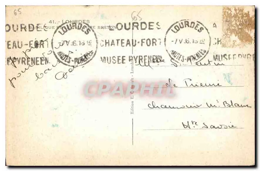 Lourdes — Basílica e Cruz do Castelo-Forte — Edição E. Coupalt, n°65 - Verso