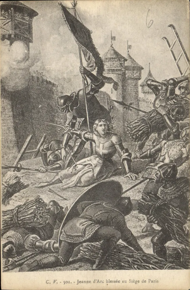 Joana d'Arc ferida durante o Cerco de Paris — C. V. - 501 — edições Desforges - Frente
