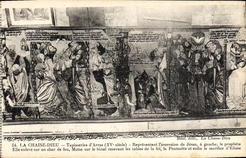 La Chaise-Dieu — Tapyserie z Arras (XV wiek) — przedstawiające ascensję Jezusa, po lewej stronie proroka Elie wznoszonego na wozie ognia, Mojżesz na Synaju odbierający tablice Prawa, Pentekostę i w końcu ofiarowanie Eliseusza - Awers