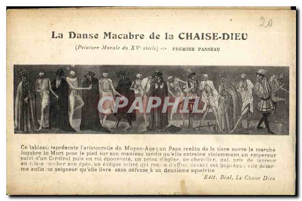 La Danse Macabre de la Chaise-Dieu — Peinture Murale du XVᵉ siècle — Premier Panneau — Édit. Béal, La Chaise-Dieu - Recto