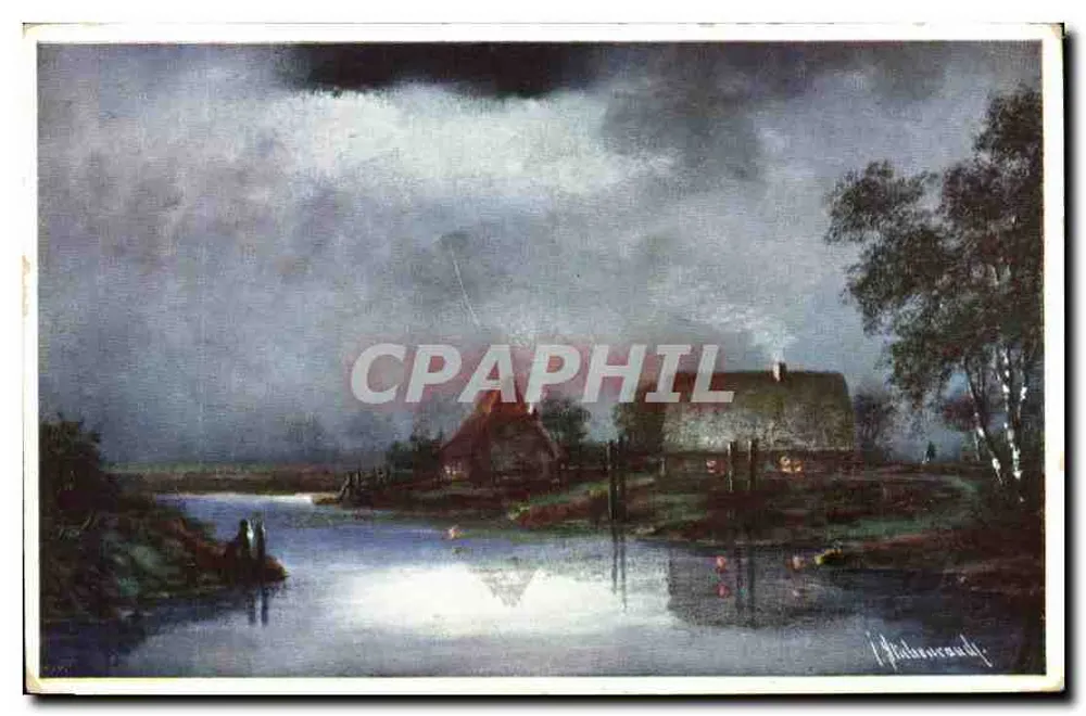 Paysage nocny z domem przy brzegu jeziora — dzieło M. Malinovschi — wydawca K.W.L. 394-5 - Awers