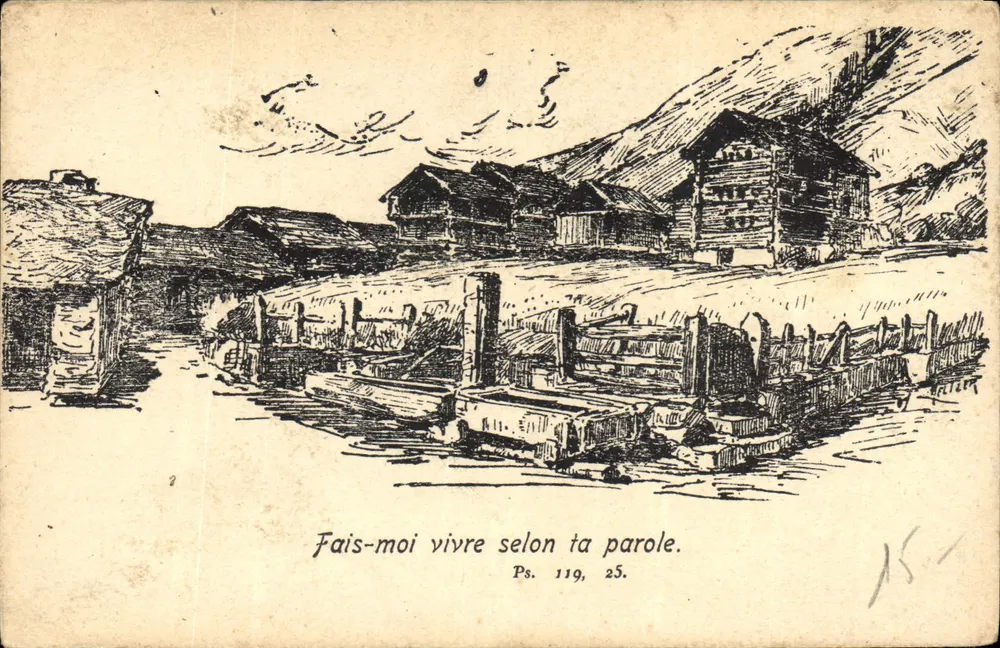 Paisagem alpina — cabanas e rio — n°17 - Frente