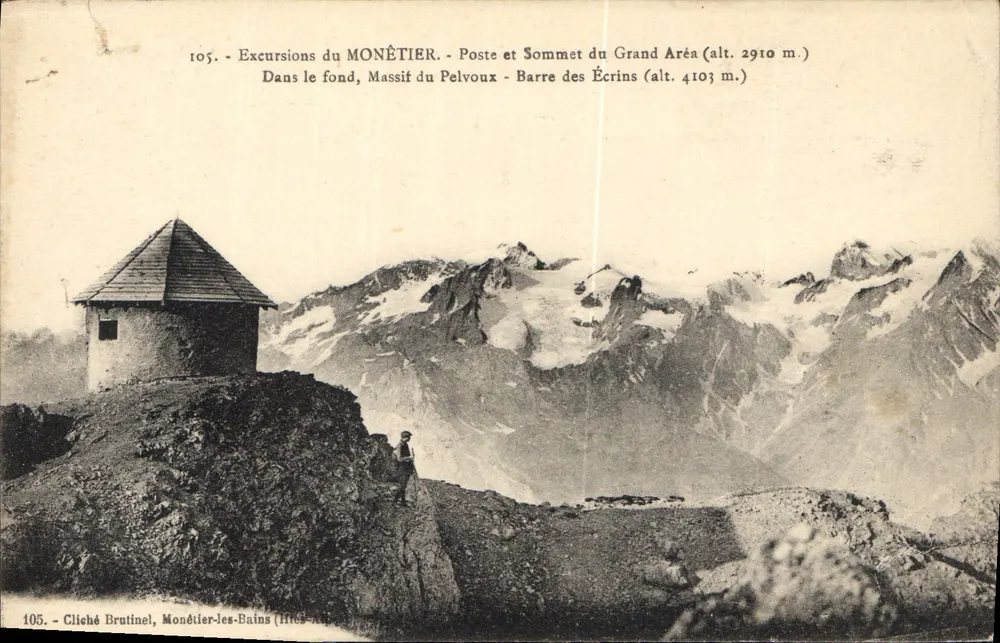 Postamt und Gipfel des Grand Arêta (Höhe 2910 m.) — Massiv Pelvoux — Barre des Écrins (Höhe 4103 m.) — Foto Brutinel, Monétier-les-Bains - Vorderseite