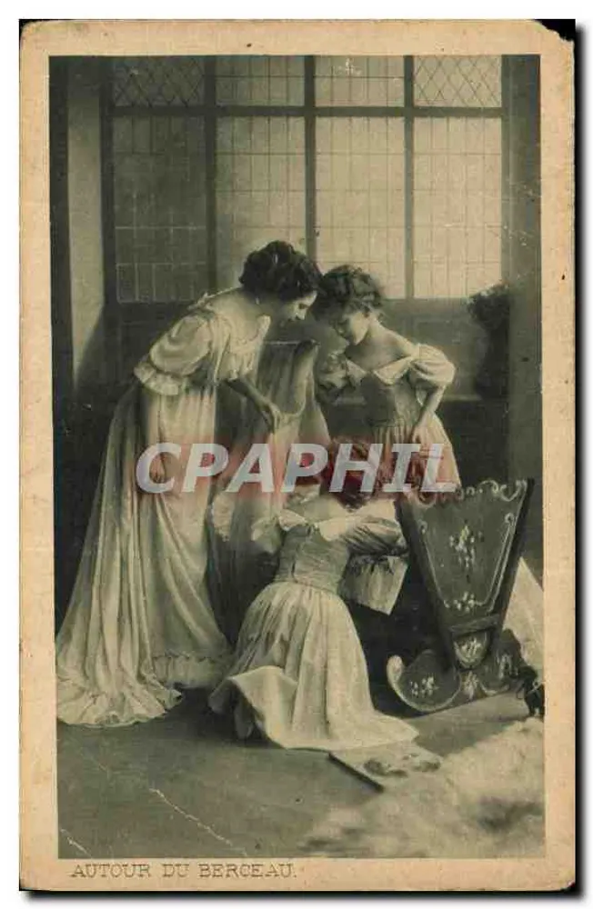 Autour du berceau — scène intérieure avec deux femmes et un berceau — éditeur C. P. R. Phil - Frente
