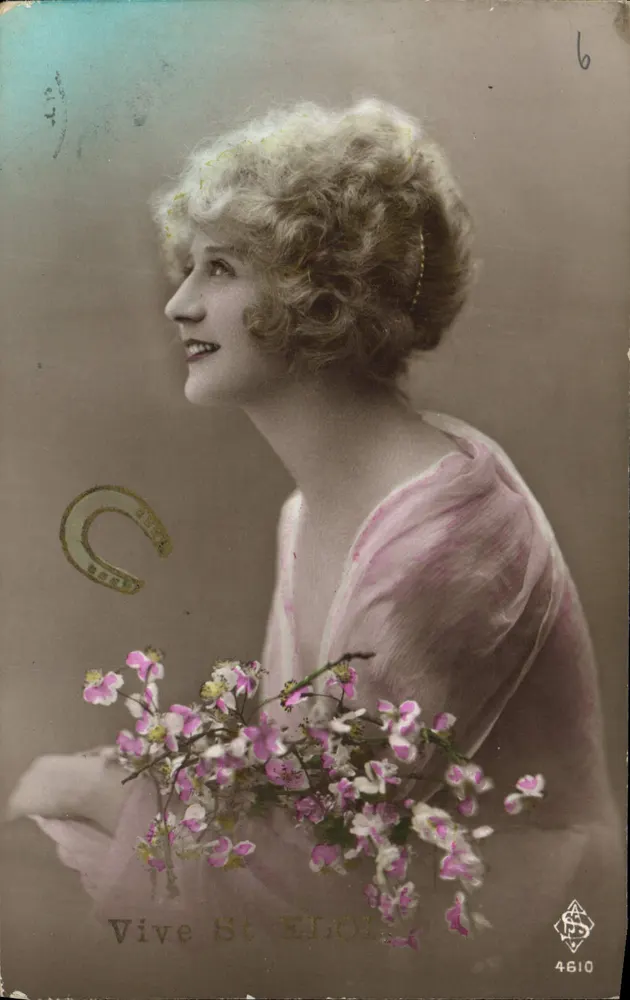 Jovem mulher em vestido rosa — com buquê de flores — editor St ELOI n°4610 - Frente