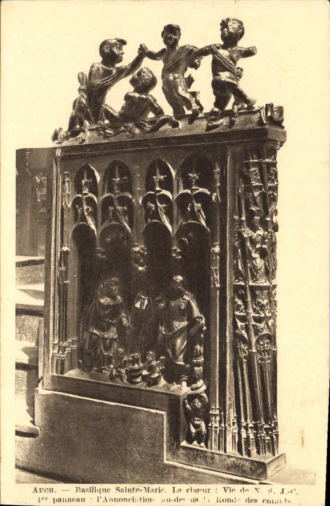 Auch — Basílica de Santa Maria. O coro: Vida de N.S.J.-C. 1º painel: A Anunciação acima da Ronda dos Crianças - Frente