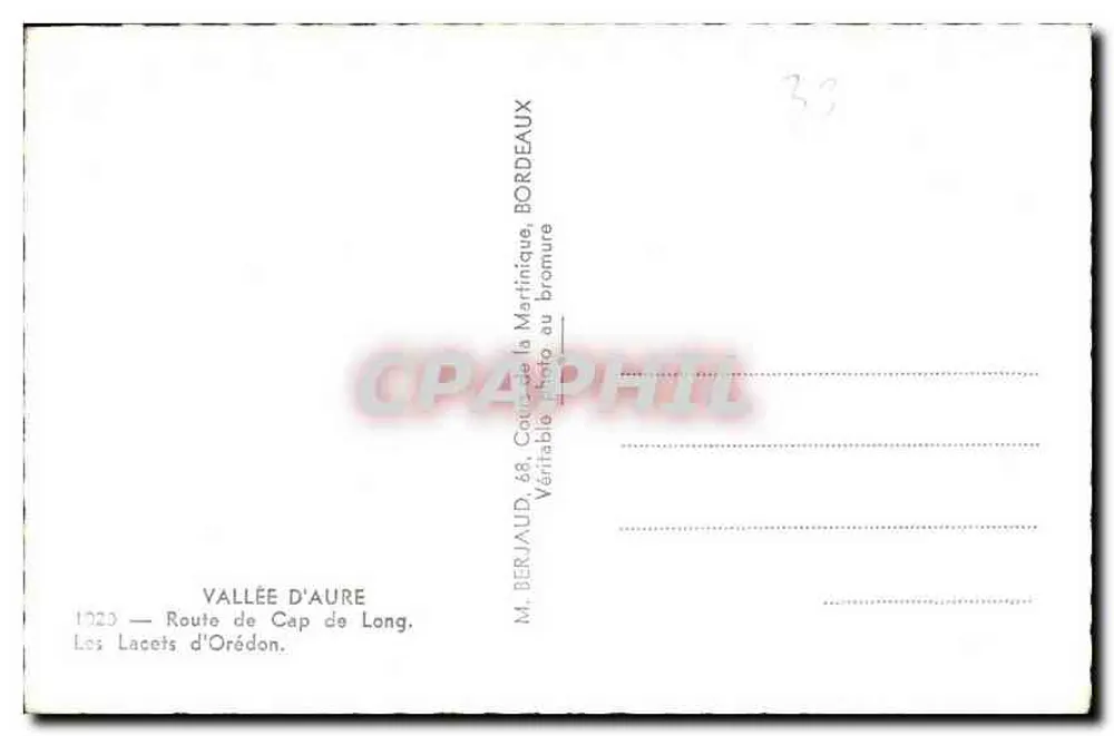 Os Lacets d'Orédon — Valeira d'Aure — M. Berjaud, 68, Cours de la Martinique, Bordeaux - Verso