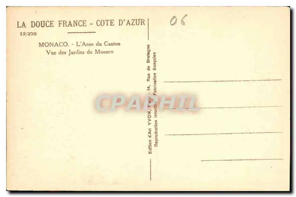 Monaco - L'Anse du Canton — Ansicht der Gärten von Monaco — Künstlerische Ausgabe YVON, 14, Rue de Brelagne - Rückseite