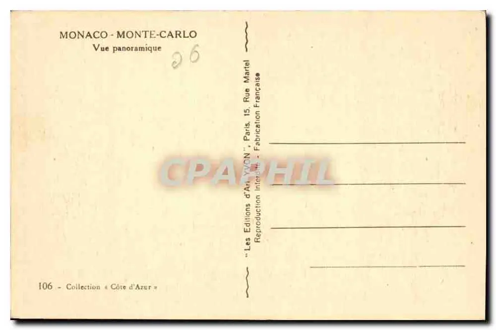 Mônaco - Monte-Carlo — Vista panorâmica — Les Éditions d'Art Français, Paris - Verso