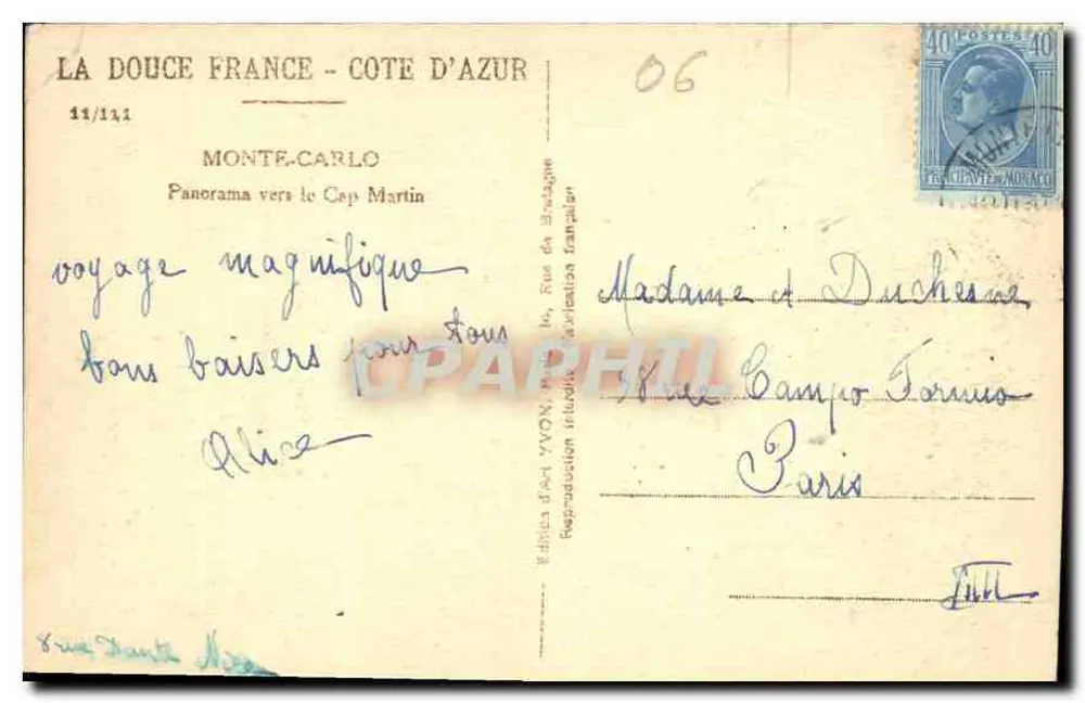 Monte-Carlo — Panorama em direção ao Cabo Martin — editor Yvon, n° 11/141 - Verso