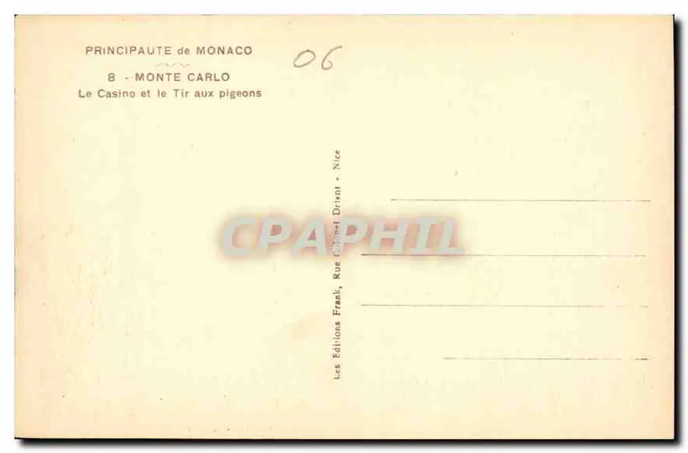 Monte Carlo — Das Casino und das Taubenschuss — Les Editions Frank, Rue Gabriel Drinat - Nice - Rückseite