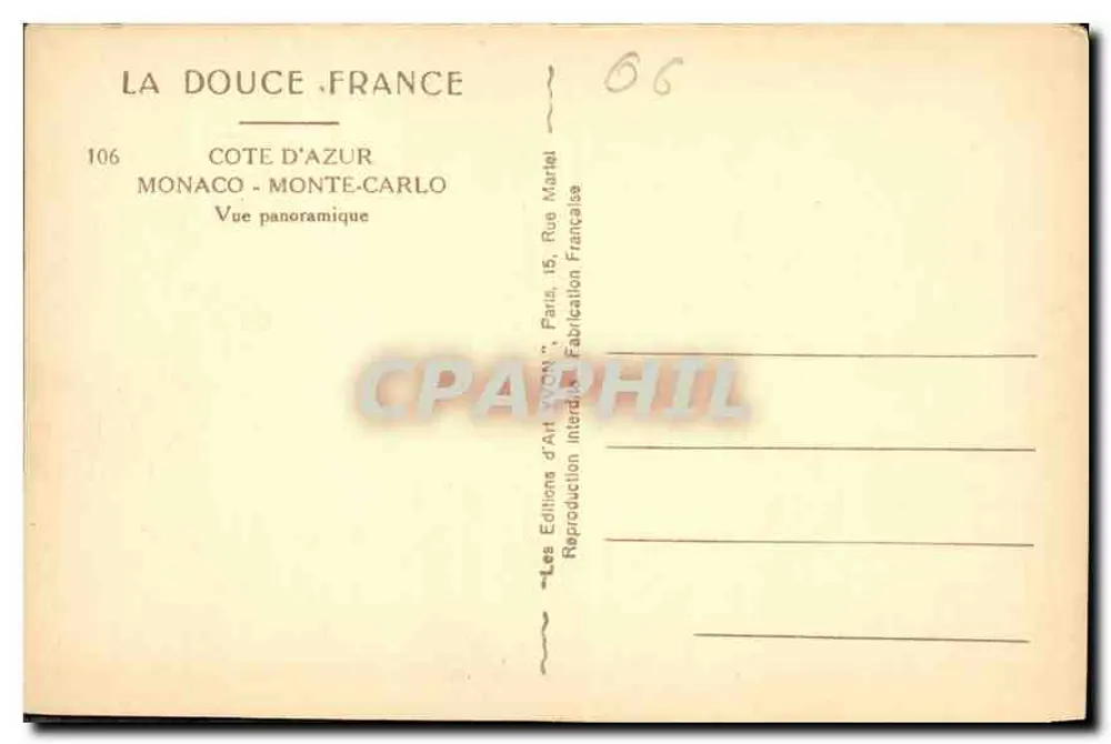 Monaco - Monte-Carlo — Panoramablick — Les Éditions d'Art Yvon, Paris - Rückseite