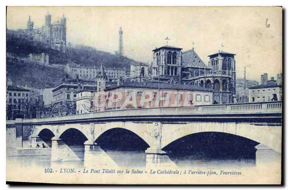 Lyon - Brücke Tilisit über die Saône - Die Kathedrale; im Hintergrund, Fourvières - Vorderseite