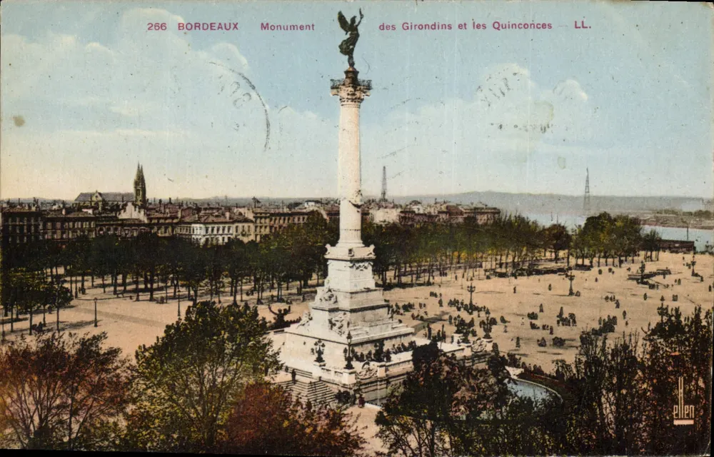 Bordeaux — Denkmal der Girondinen und die Quinconces — LL. — Verlag Lévy & Neurdein, Nizza - Vorderseite
