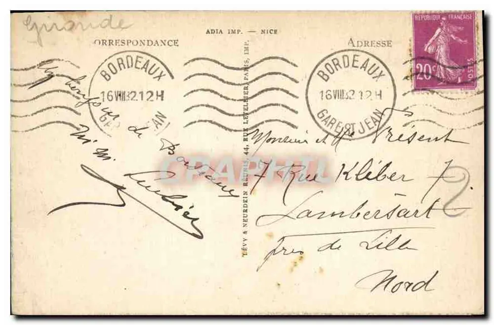 Bordeaux — Denkmal der Girondinen und die Quinconces — LL. — Verlag Lévy & Neurdein, Nizza - Rückseite