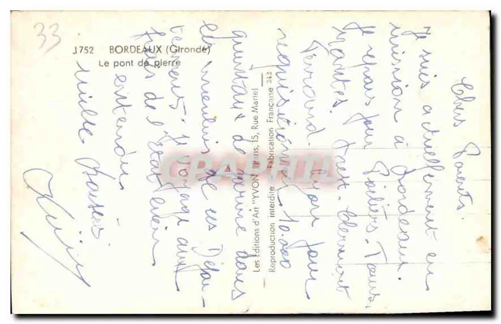Bordeaux — O ponte de pedra — Éditions d'Art YVON - Verso