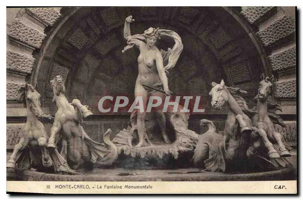 Monte-Carlo - A Fonte Monumental — Bilhete postal antigo, n° III - Frente