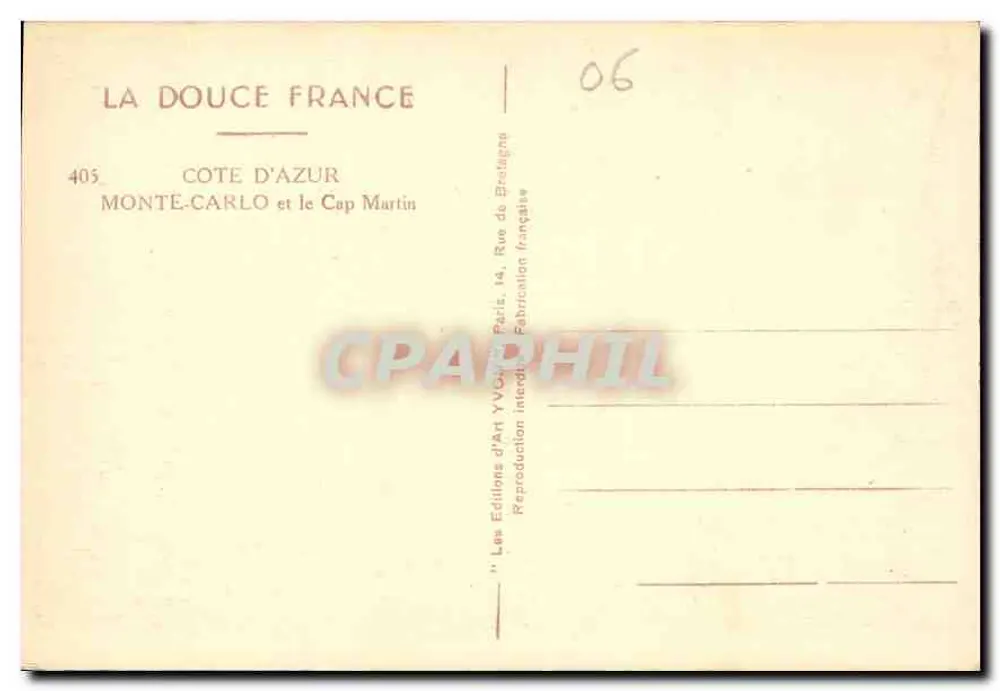 Monte-Carlo e o Cap Martin — Costa Azul — Edições d'Art Yvon, Paris - Verso