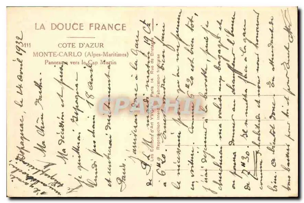 Panorama zum Cap Martin — Monte-Carlo (Alpes-Maritimes) — Verlag Yvon, Nr. 111 - Rückseite