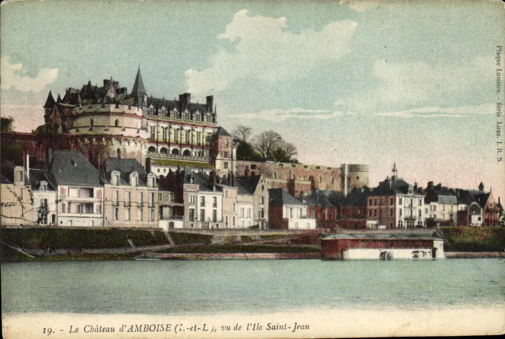 Das Schloss AMBOISE (Loire-et-Loire), von der Île Saint-Jean aus gesehen — Plaque Lumière, Luxusserie I.R.N. Nr. 19 - Vorderseite