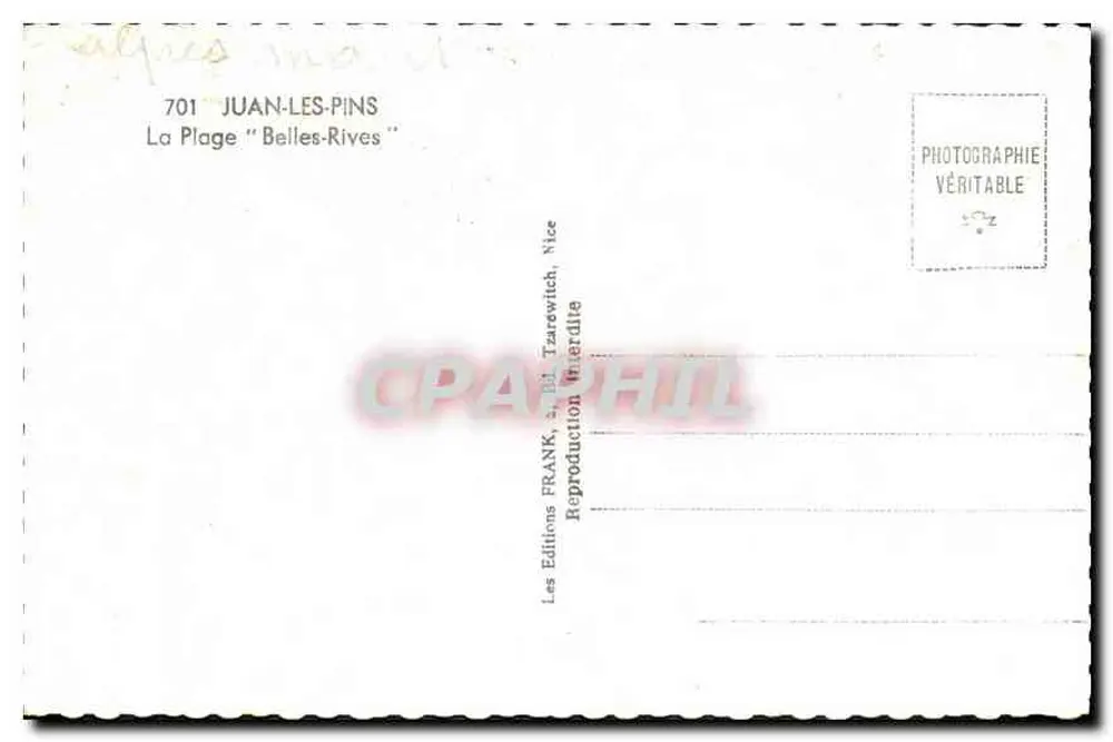 Juan-les-Pins — Die Strände 'Belles-Rives' — Les Éditions FRANK, 3, bd. Tzaréwitch, Nice - Rückseite