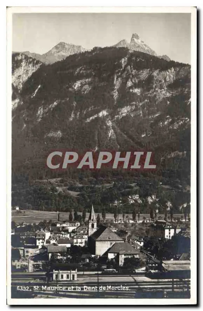 St Maurice e a Dent de Morcles — vista panorâmica — Société Graphique Neuchâtel, n° 8392 - Frente
