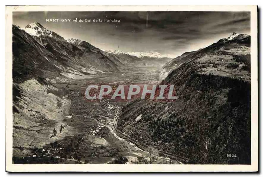 Martigny visto do Col de la Forclaz — vista panorâmica alpina — Edição Art. Fernerh. Lausanne, n° 5902 - Frente