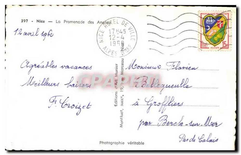 Nice — A Promenade dos Ingleses — Edições d'Art Munier, n° 397 - Verso