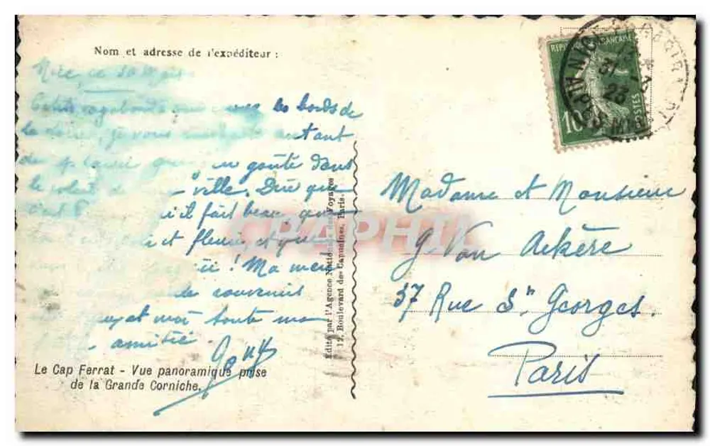 Cap Ferrat — Panoramablick vom Grande Corniche — Verlag: L'Agence Républicaine - Rückseite