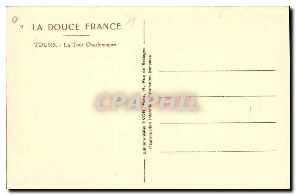 Tours - A Torre Charlemagne — Éditeur YVON, n° 1017 - Verso