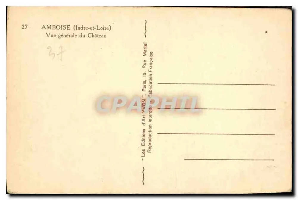 Amboise — Vista geral do Castelo — Les Éditions d'Art VVON, Paris - Verso
