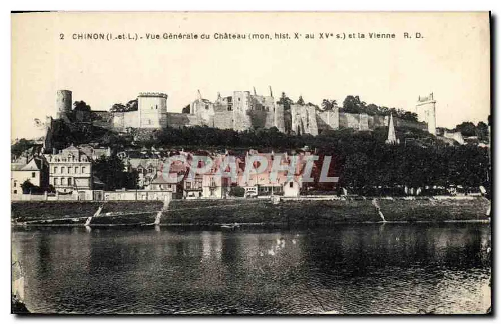 Chinon (Indre-et-Loire) — Allgemeine Ansicht des Schlosses (mon. hist. Xe bis XVe s.) und der Vienne — R.D. - Vorderseite