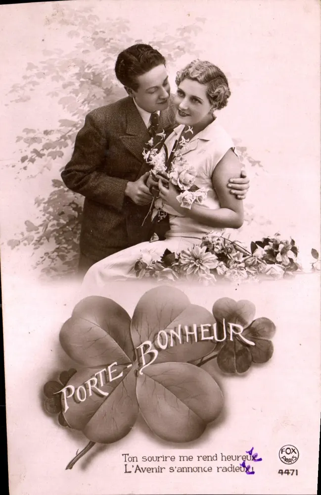 Couple amoureux — texte d'illustration et trèfle à quatre feuilles — FOX Paris n°4471 - Recto