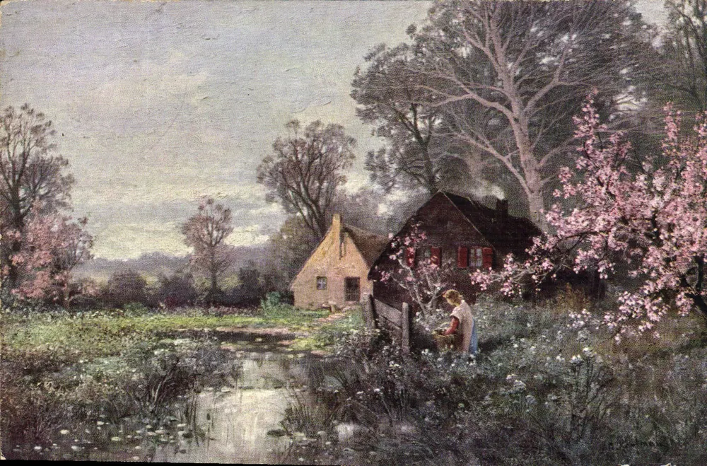Paisagem rural com casa e flores — T.S.N. Série 1287 (6 Dess.) - Frente
