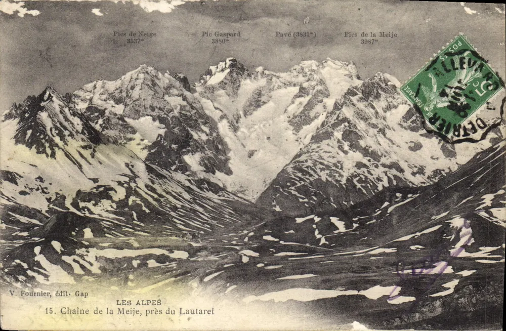 Die Alpen bei Lautaret — Kette der Meije — V. Fournier, Verlag Gap, Nr. 15 - Vorderseite