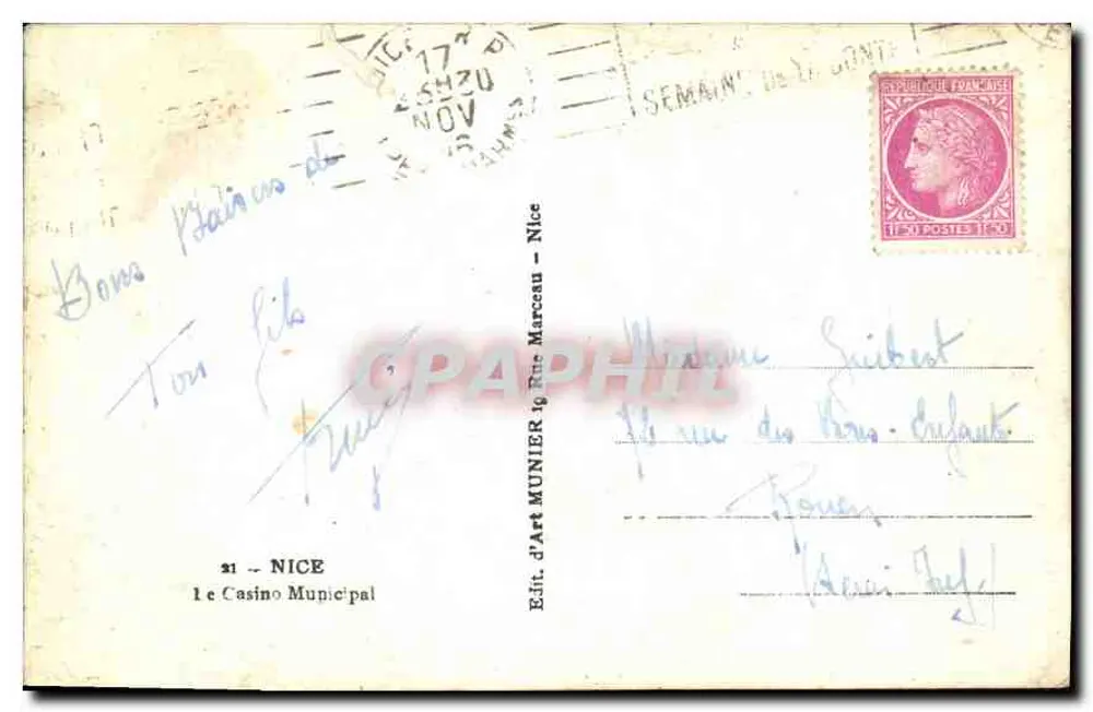 Cassino Municipal — Nice — Editor MUNIER, n° 21 - Verso