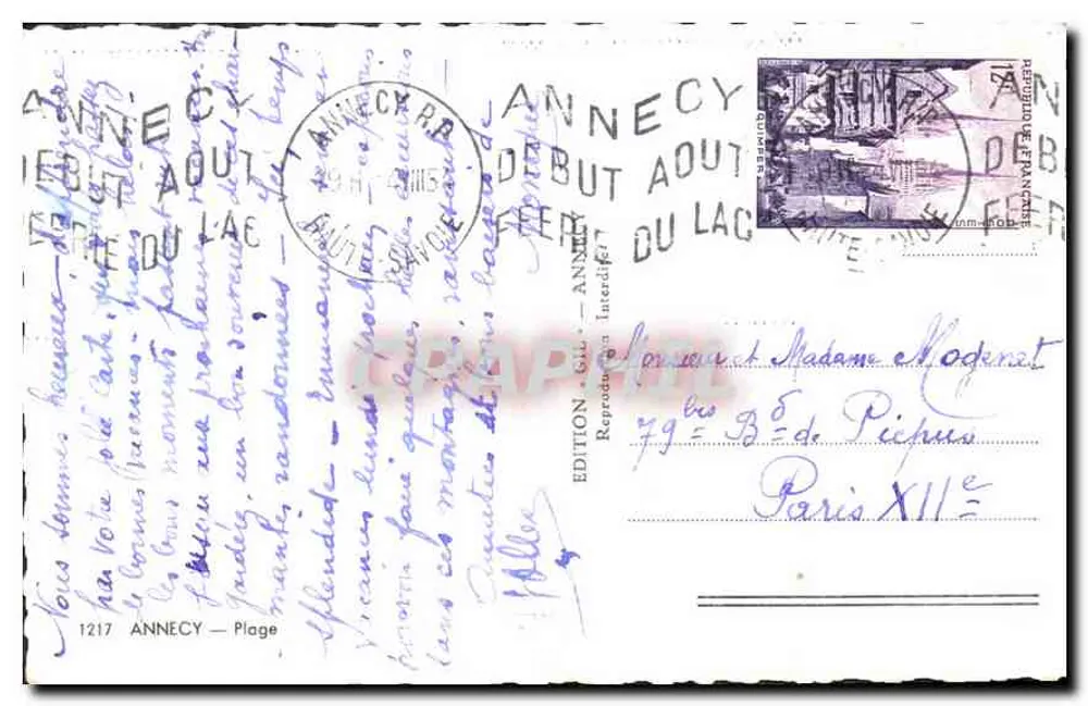 Annecy - Praia — vista do lago e do prédio de recepção — Édition S.A.L. n°1217 - Verso