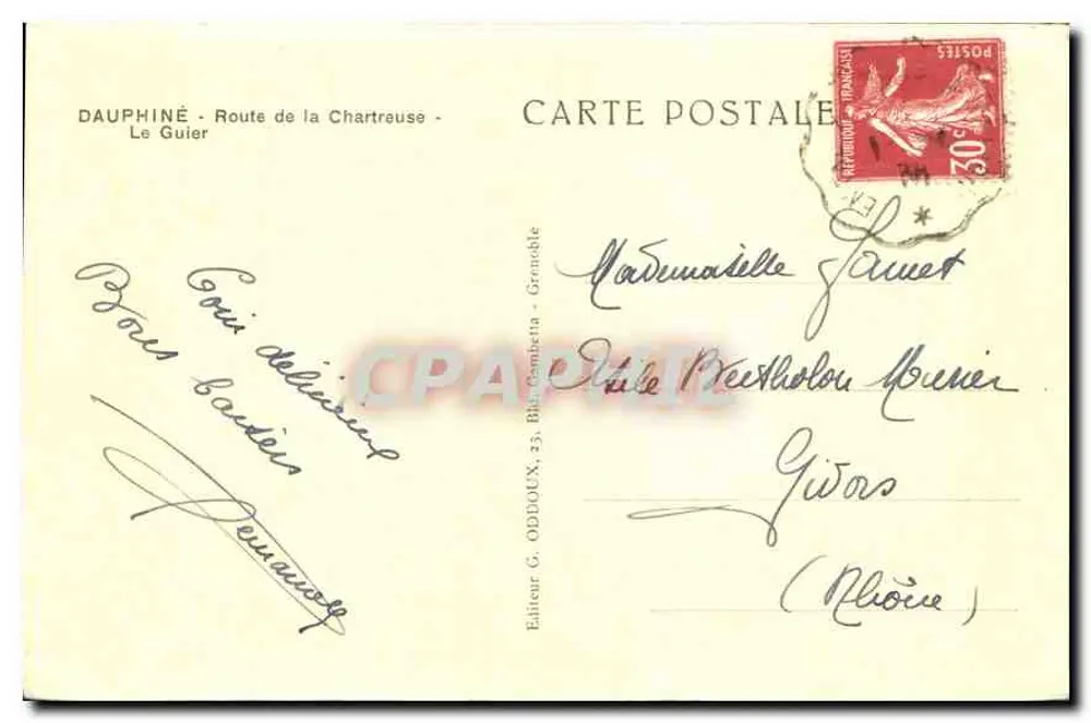 Dauphiné - Estrada da Chartreuse - Le Guiier — Editor G. Oddoux, número de série não visível - Verso